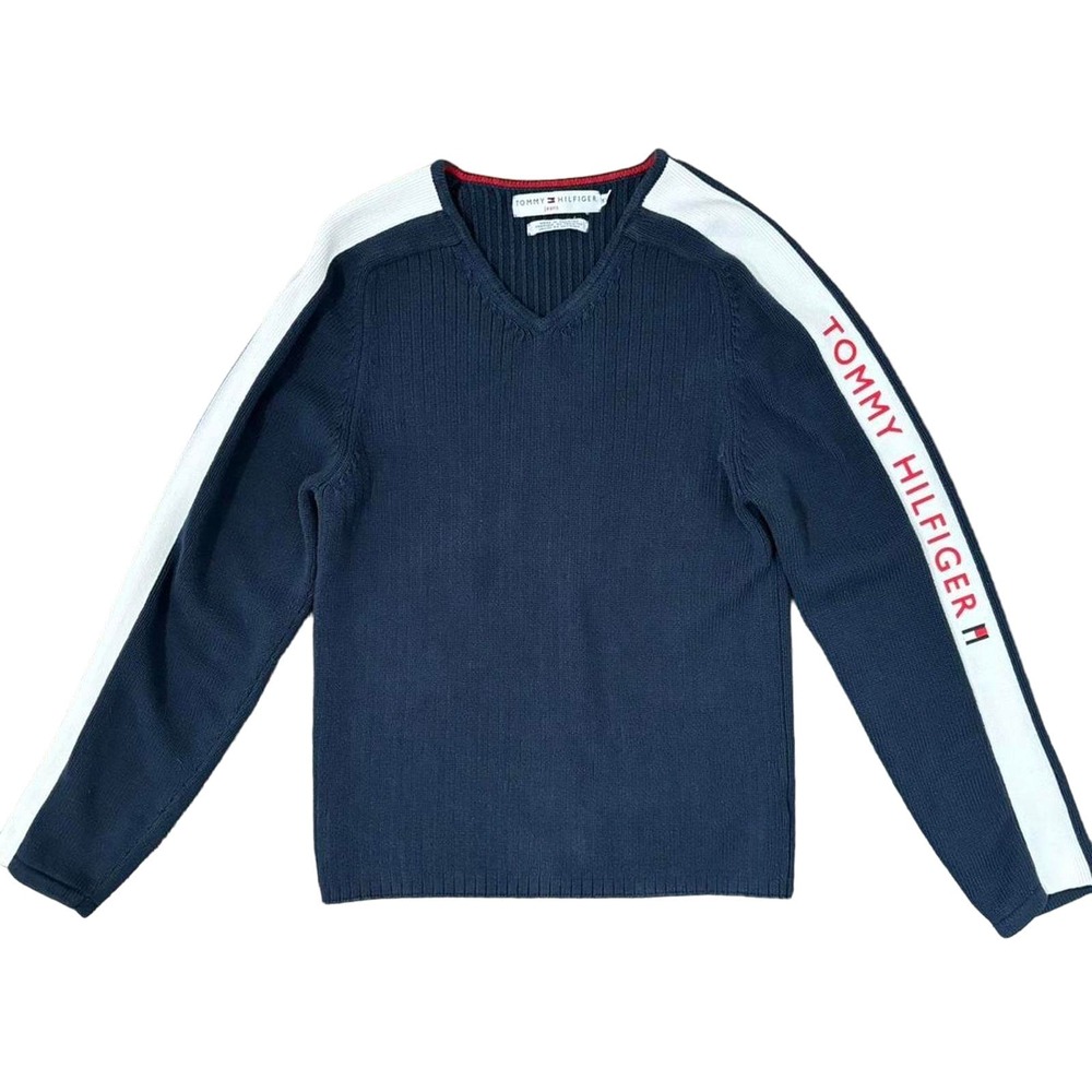 Vintage Tommy Hilfiger Y2K Navy Sweater 2000s White Stripe Causal Cozy V Neck XL